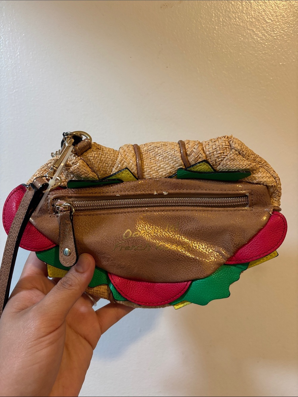 Betsey Johnson Pink Green Brown Floral Straw Wristlet Clutch with Zipper Pocket